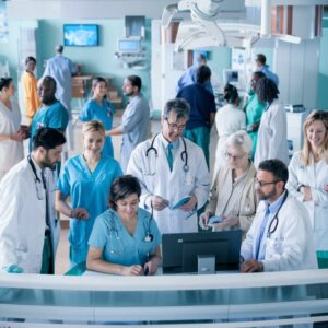 Doctors and staff gathered around a computer
